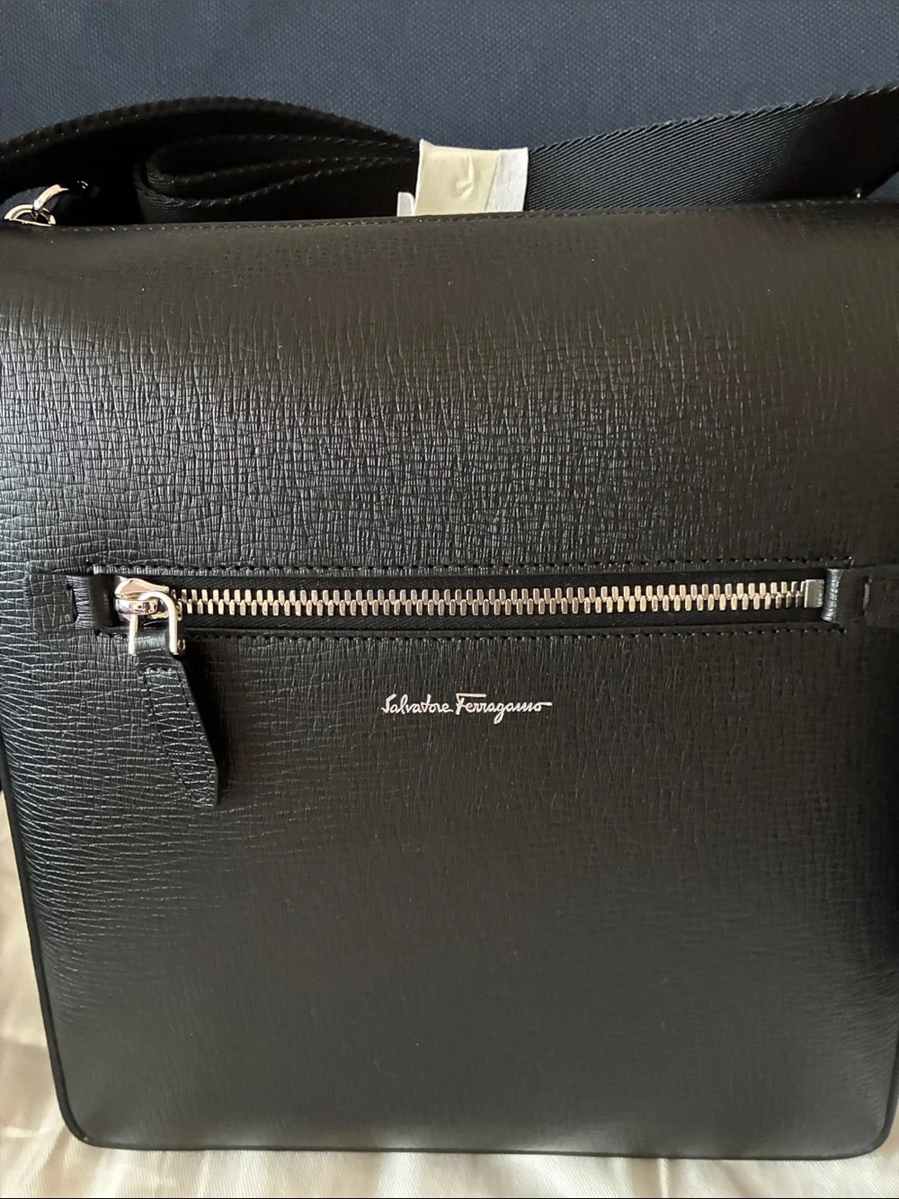 New Salvatore Ferragamo Black Textured Leather Messenger Bag